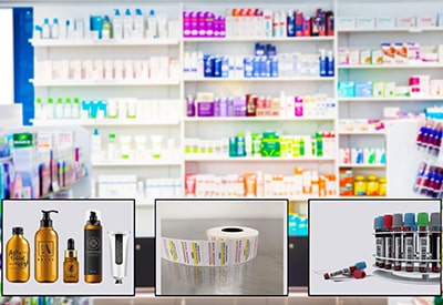 Store with shampoo bottles, labels, and vials plus 3 examples